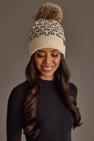 Floral Pattern Knit Pom Hat - Cream Purple