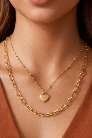18k Gold Waterproof Stainless Steel Paper Chain and Heart Necklace Set