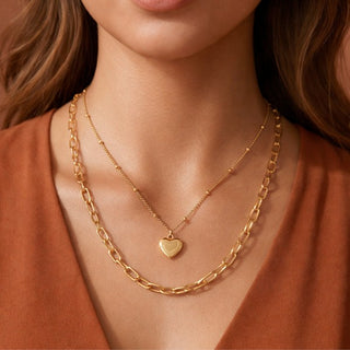 18k Gold Waterproof Stainless Steel Paper Chain and Heart Necklace Set