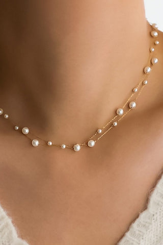 18K Gold Dipped Stainless Steel Layered Pearl Chain Necklace