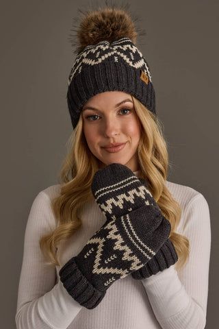 Patterned Mittens - Charcoal & Beige