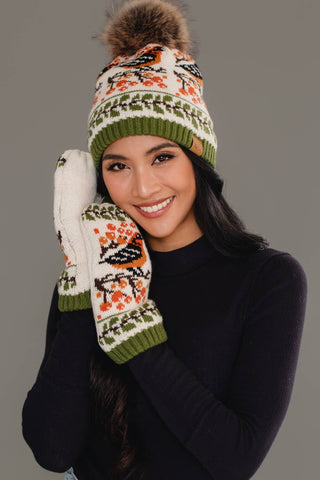 Bird Pattern Knit Mittens - Olive & Cream