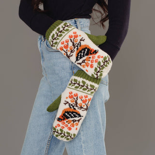 Bird Pattern Knit Mittens - Olive & Cream