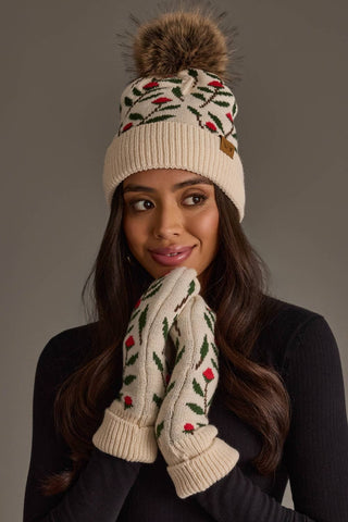 Floral Pattern Knit Pom Hat - Red Flower