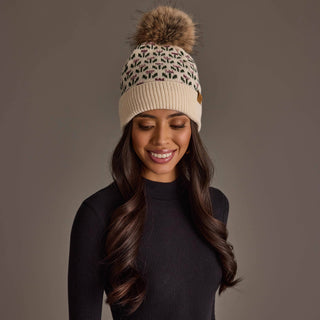 Floral Pattern Knit Pom Hat - Cream Purple