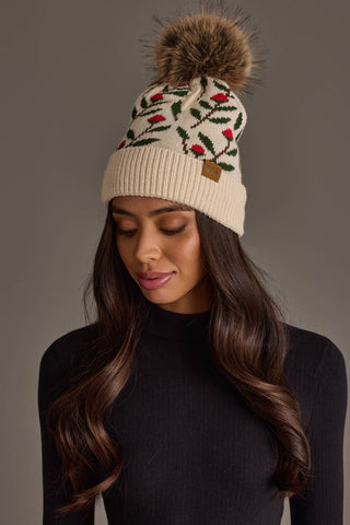 Floral Pattern Knit Pom Hat - Red Flower