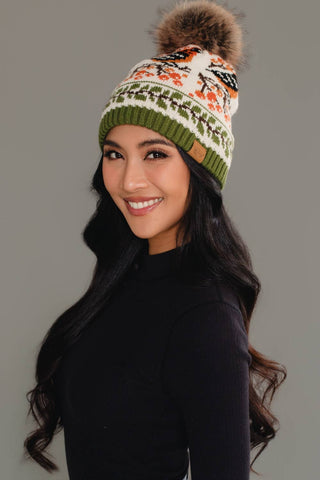 Bird Pattern Knit Pom Hat - Olive & Cream