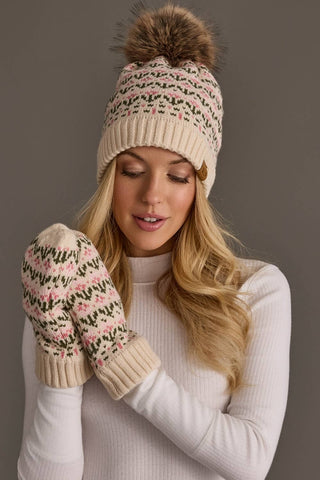 Floral Pattern Mittens - Cream & Pink