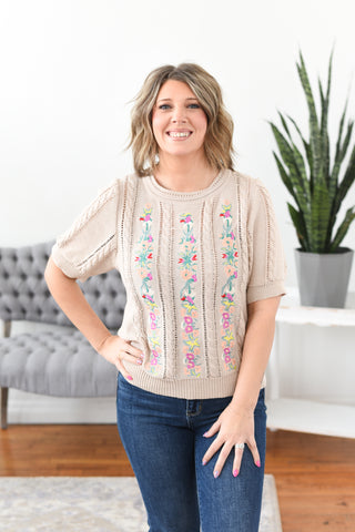 Isla Embroidered Floral Sweater Knit Top