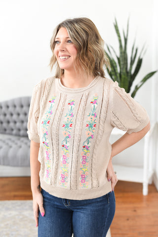 Isla Embroidered Floral Sweater Knit Top
