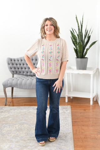 Isla Embroidered Floral Sweater Knit Top