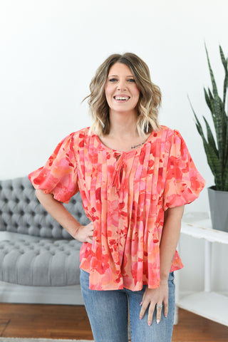 Rosy Watercolor Pleated Top
