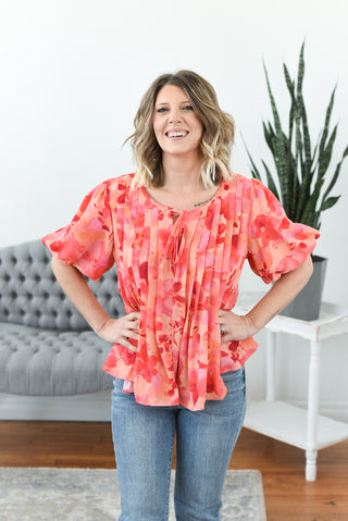 Rosy Watercolor Pleated Top