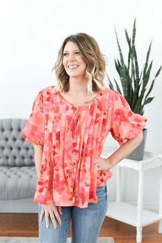 Rosy Watercolor Pleated Top