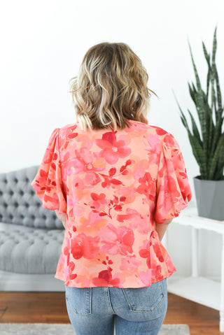 Rosy Watercolor Pleated Top