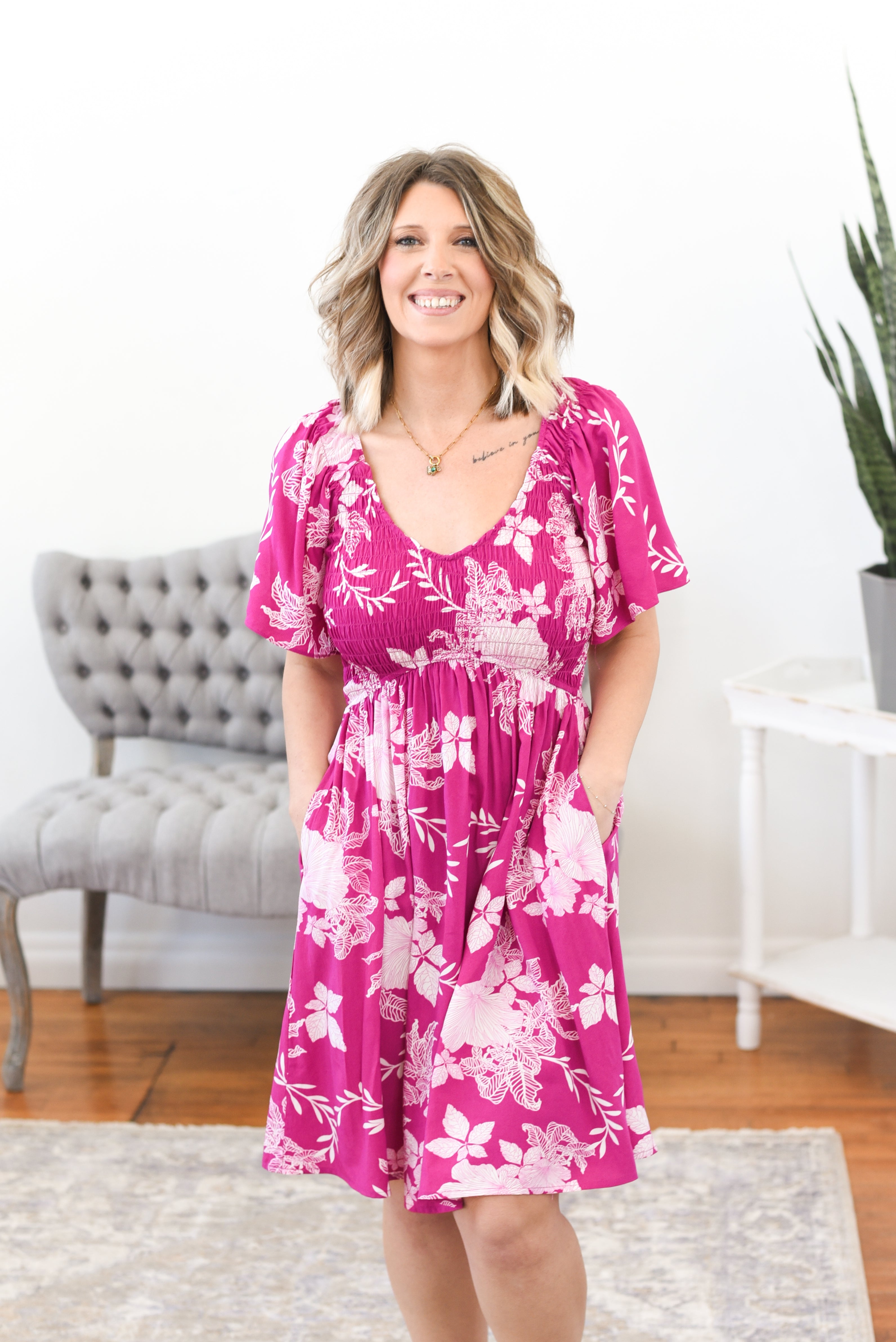 flutter sleeve mini dress Junie Open Back American Threads Trendy Boutique Baby Blue / XS Team it with nude Plus Size - Surplice Flutter