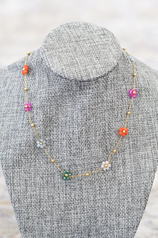 Multi-Beaded Flower Charm Necklace