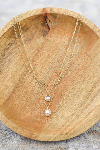 Three Layer Pearl + Crystal Pendant Necklace