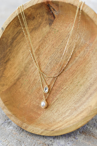 Three Layer Pearl + Crystal Pendant Necklace