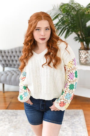 Tori Crochet-Sleeve Sweater
