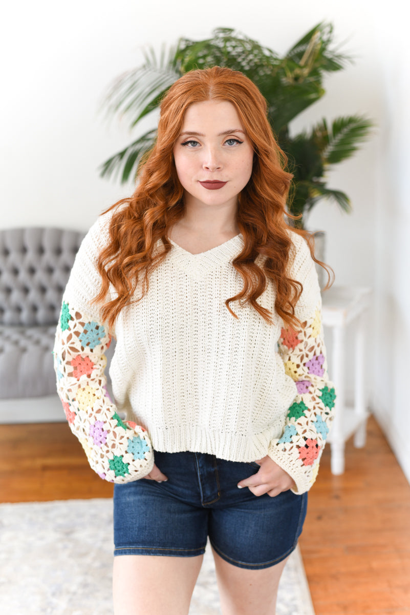 Tori Crochet-Sleeve Sweater