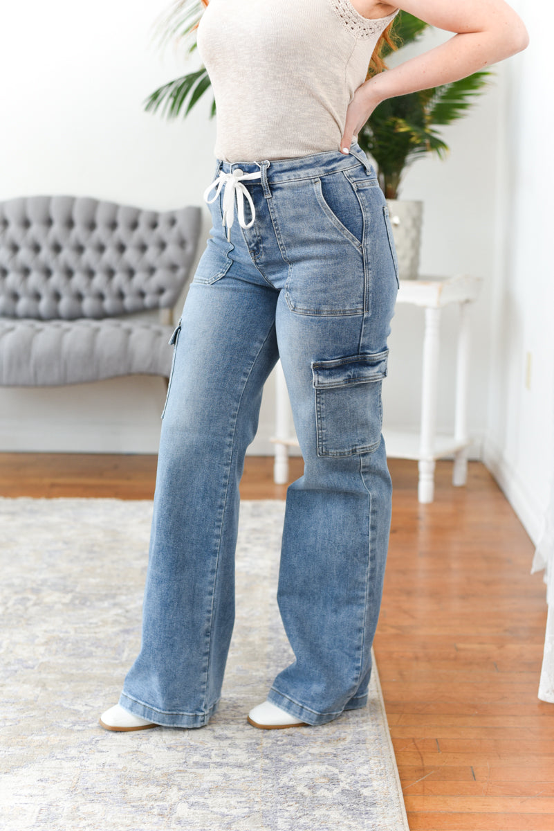 Claire Mid Rise Cargo Wide Leg Risen Jeans