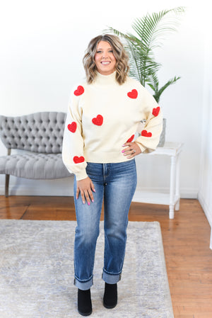 Amara Yarn Knit Heart Patch Turtleneck Sweater