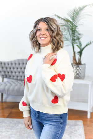 Amara Yarn Knit Heart Patch Turtleneck Sweater