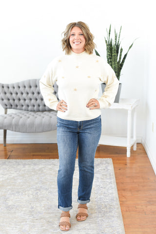 Lydia Embroidered Flower Mock Neck Sweater