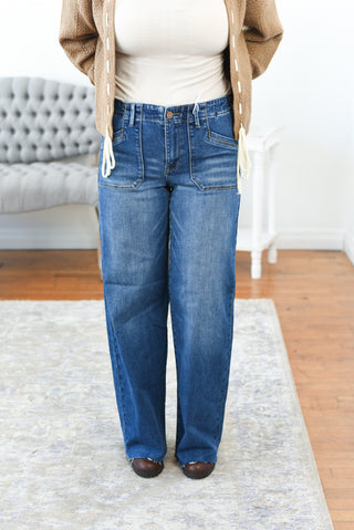 Ellis Mid Rise Patch Pocket Wide Leg Risen Jeans
