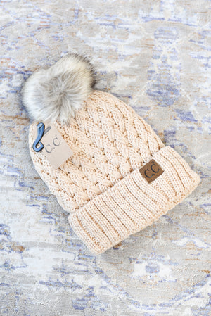 Solid Lattice Stitch Fur Pom CC Beanie Hat