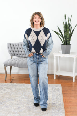 Jacque Denim Sleeve Gargoyle Print Sweater
