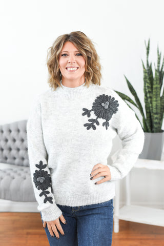 Ellie Floral Applique Mock Neck Sweater