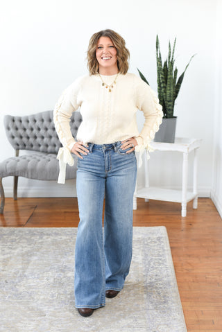 Elsa Lace Up Sleeve Cable Knit Sweater