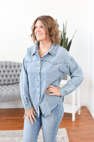 Penelope Pearl Snap Button Down Denim Shacket