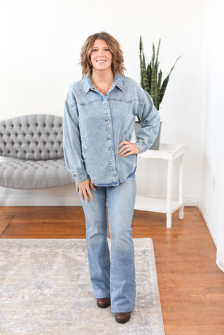 Penelope Pearl Snap Button Down Denim Shacket