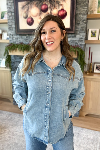 Penelope Pearl Snap Button Down Denim Shacket