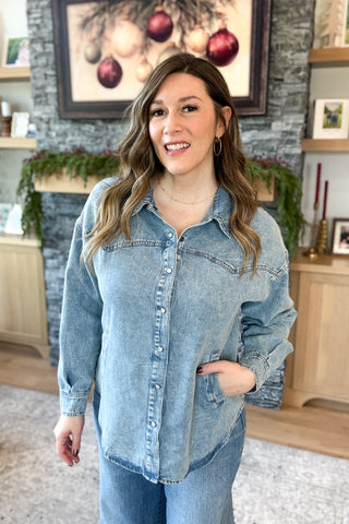 Penelope Pearl Snap Button Down Denim Shacket