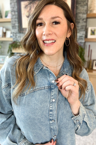 Penelope Pearl Snap Button Down Denim Shacket