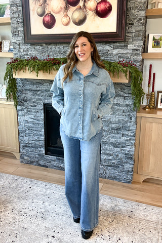Penelope Pearl Snap Button Down Denim Shacket
