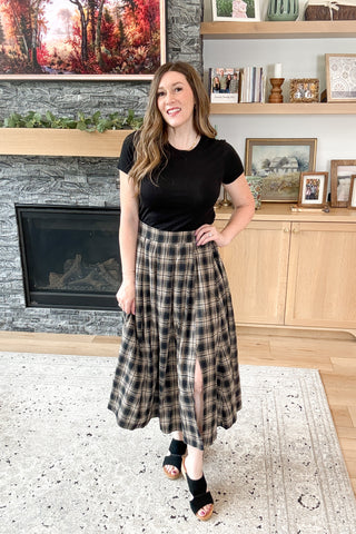 Mocha Plaid Pleated Midi Skirt