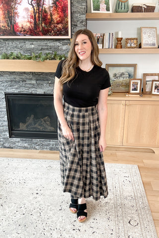 Mocha Plaid Pleated Midi Skirt