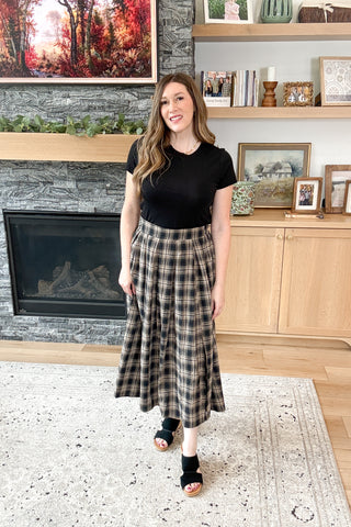 Mocha Plaid Pleated Midi Skirt