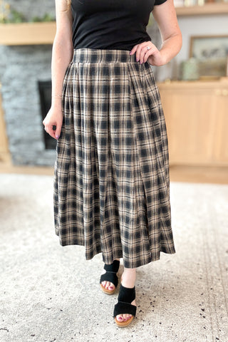 Mocha Plaid Pleated Midi Skirt