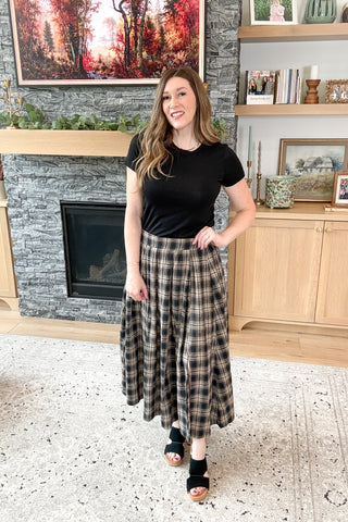 Mocha Plaid Pleated Midi Skirt