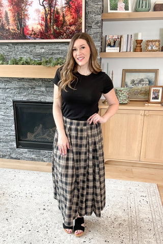 Mocha Plaid Pleated Midi Skirt