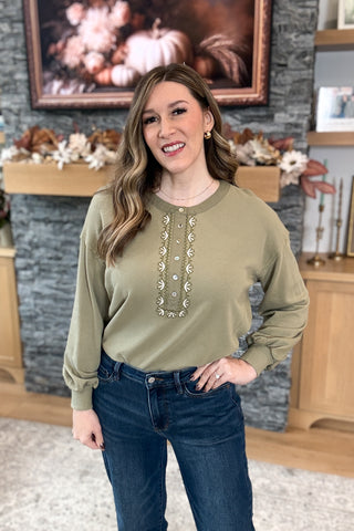 Antonia Embroidered French Terry Henley Top