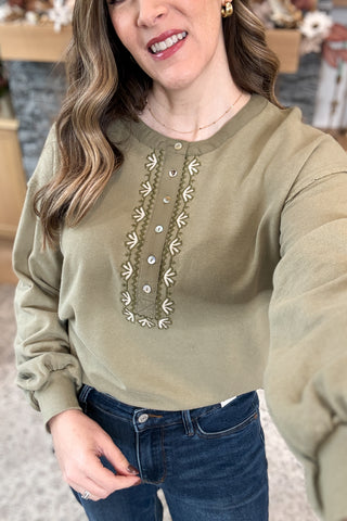 Antonia Embroidered French Terry Henley Top