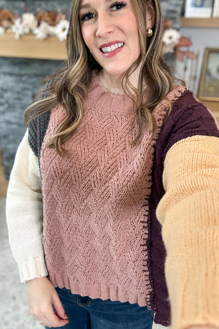 Ruthie Color Block Cable Knit Sweater