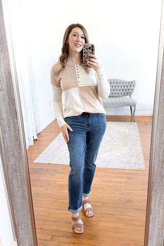 Penelope Half Button Color Block Top